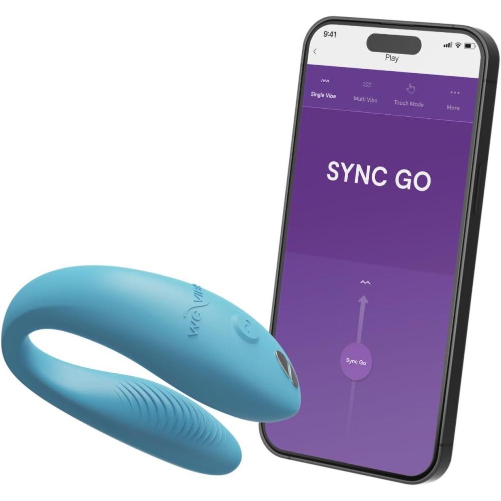 imageWeVibe Sync Go Couples Vibrator with Travel Case Wearable Vibrating Couples Adult Sex Toy App Controlled G Spot amp Clitoris Stimulator Dual Stimulation with 10 Speeds Rechargeable TurquoiseBlue