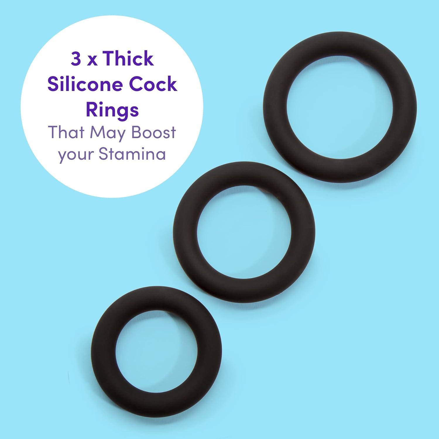 imageLovehoney Get Hard Triple Cock Ring Set Extra Thick Silicone 3 Sizes Cock and Ball Rings for Men Waterproof Pleasure Enhancer Gifts for Men Black