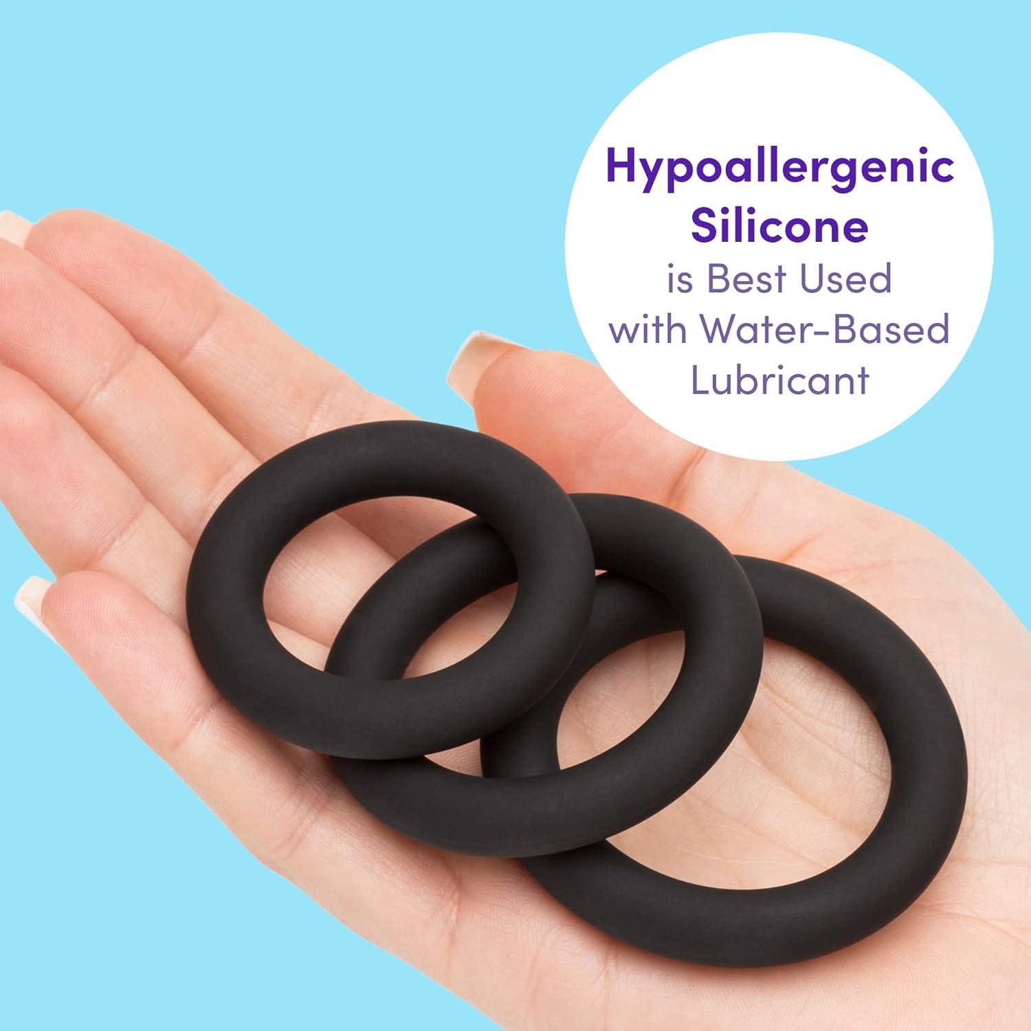 imageLovehoney Get Hard Triple Cock Ring Set Extra Thick Silicone 3 Sizes Cock and Ball Rings for Men Waterproof Pleasure Enhancer Gifts for Men Black
