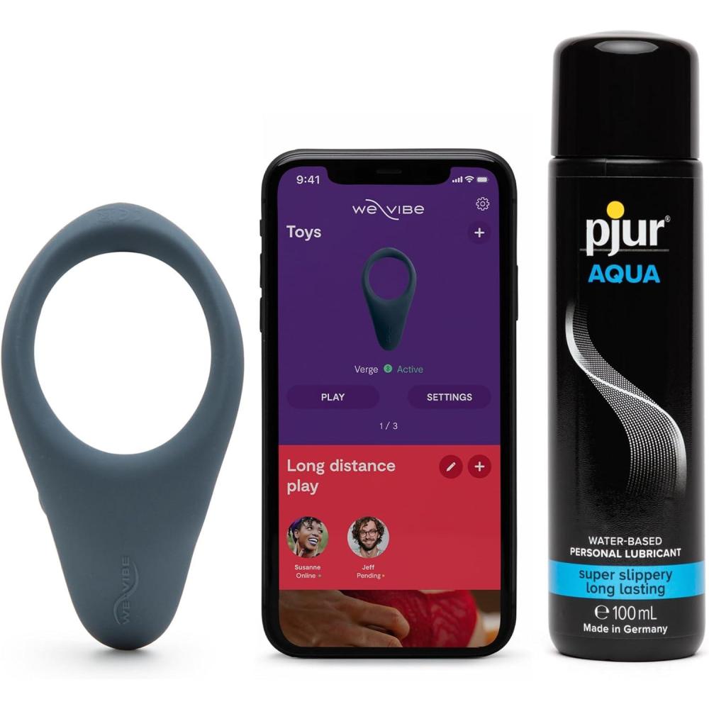 imageWeVibe Verge Vibrating Cock Ring App Controlled amp Pjur Aqua Water Based Personal Lubricant 34 fl oz Male Sex Toys Bundle